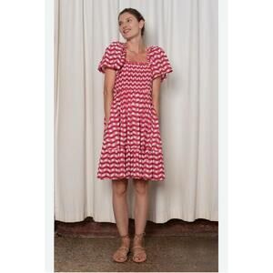 NWT Ophelia & Indigo Delilah Dress XS Red Pink Zigzag Stripe Cotton Resort Smock